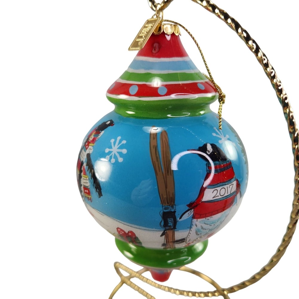 Pier 1 Li Bien Penguins Glass Ornament Handpainted Finial 2017 Gift Box READ